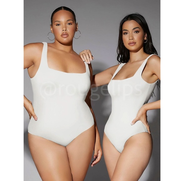 White Bodysuit Square Neck Slim Fit Stretchy - Picture 5 of 9